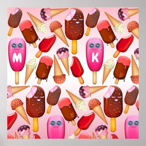 Cute Ice Cream Cone Popsicle Monogram Sweets Poster