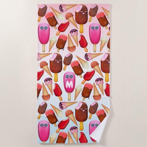 Cute Ice Cream Cone Popsicle Monogram Treats Beach Towel