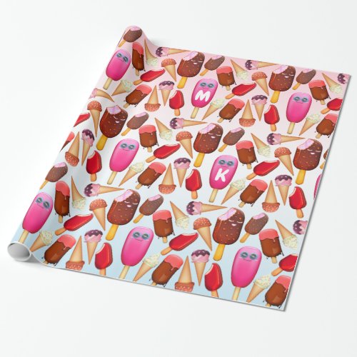 Cute Ice Cream Cone Popsicle Monogram Treats Wrapping Paper