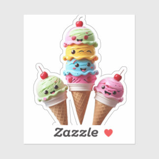 Cute Ice Cream Cone Trio Sticker with Stacked Scoo