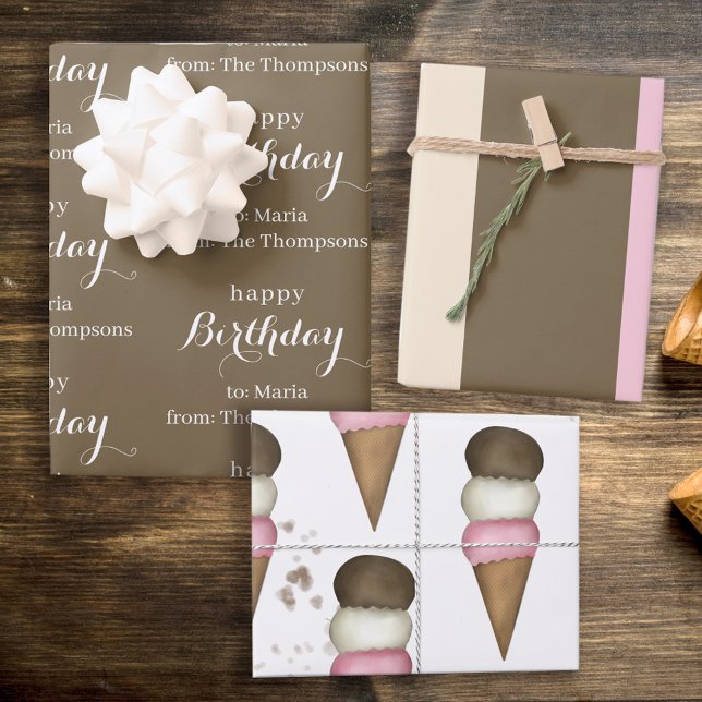 Cute Ice Cream Cone Whimsical Neapolitan Pattern Wrapping Paper Sheets (Creator Uploaded)