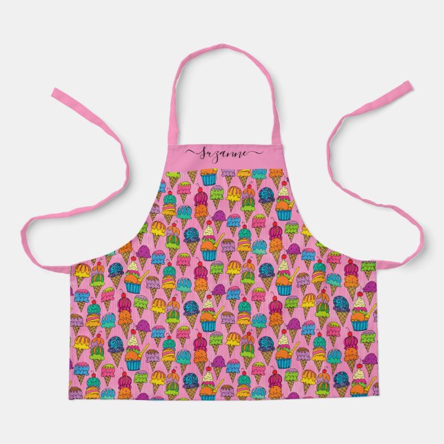 Cute Ice Cream Cones Pink Dessert Pattern Add Name Apron (Front)