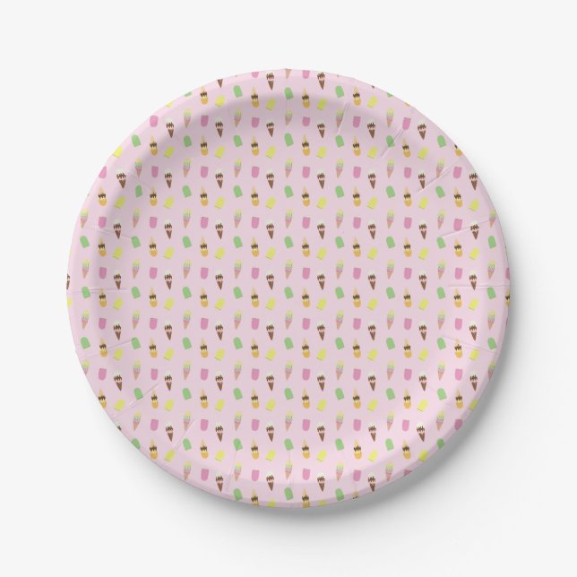 Cute Ice Cream Cones, Popsicle Ice Blocks on Pink Paper Plates (Front)