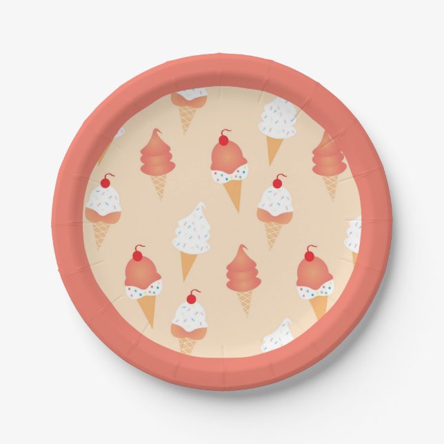 Cute Ice Cream Cones Sprinkles Cherries Paper Plates (Front)