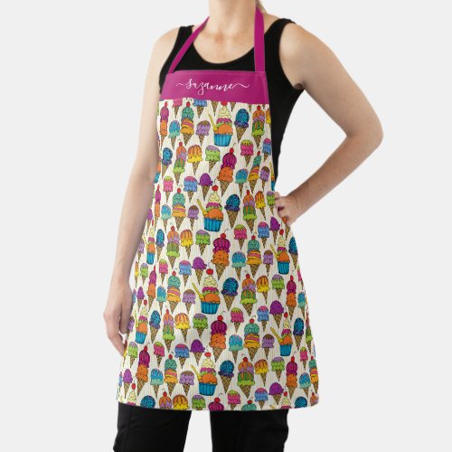 Cute Ice Cream Cones White Dessert Pattern Name Apron