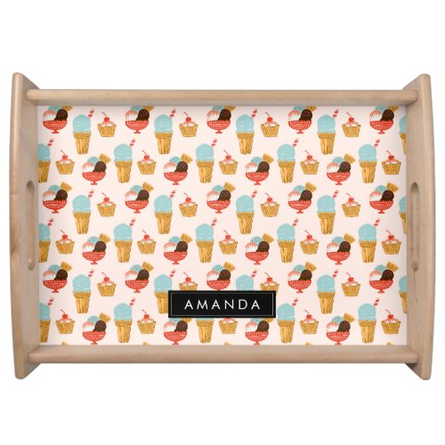 Cute Ice Cream Drawing Pattern  Add Your name Serving Tray