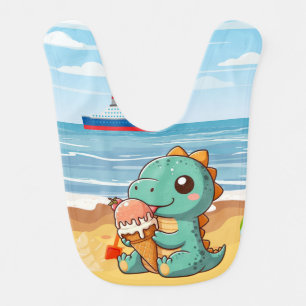 Cute ice cream eating dino at the beach baby bib