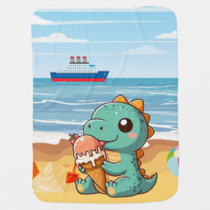 Cute ice cream eating dino at the beach baby blanket