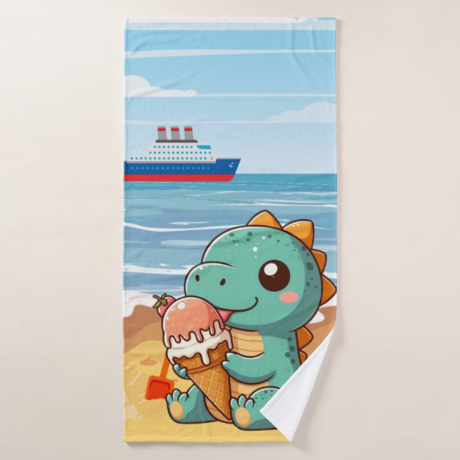 Cute ice cream eating dino at the beach bath towel (Bath Towel)