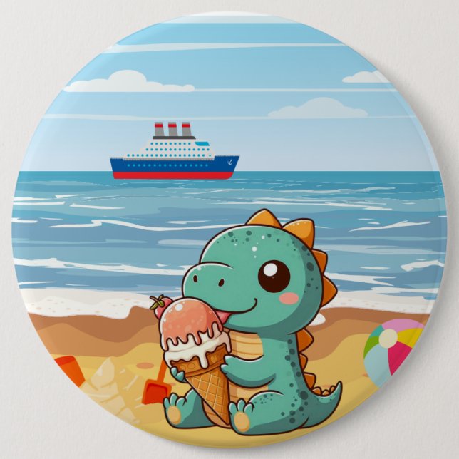 Cute ice cream eating dino at the beach button (Front)