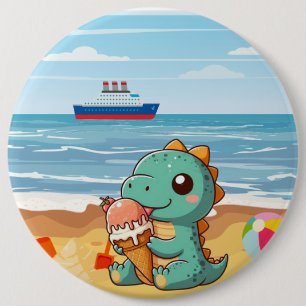Cute ice cream eating dino at the beach button