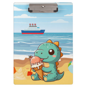 Cute ice cream eating dino at the beach clipboard