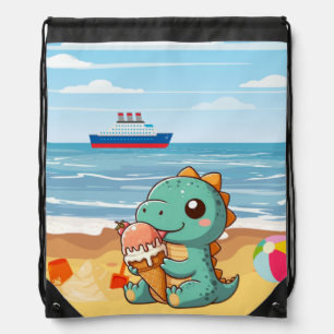 Cute ice cream eating dino at the beach drawstring bag