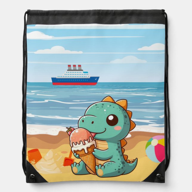 Cute ice cream eating dino at the beach drawstring bag (Front)
