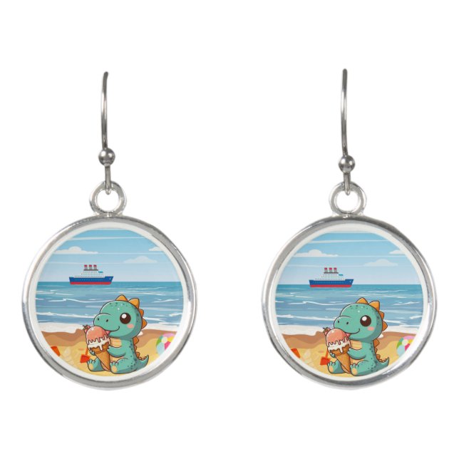 Cute ice cream eating dino at the beach earrings (Front)