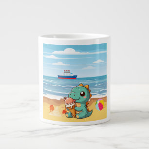 Cute ice cream eating dino at the beach giant coffee mug