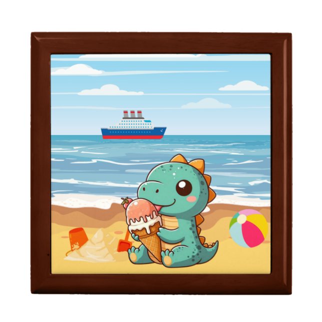 Cute ice cream eating dino at the beach gift box (Front)