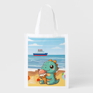 Cute ice cream eating dino at the beach grocery bag