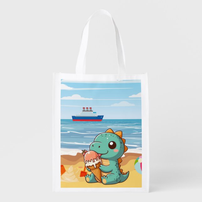 Cute ice cream eating dino at the beach grocery bag (Front)