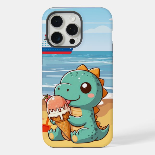 Cute ice cream eating dino at the beach iPhone case (Back)