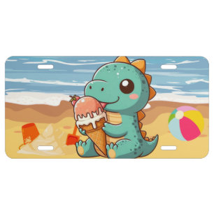 Cute ice cream eating dino at the beach license plate