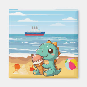 Cute ice cream eating dino at the beach magnet