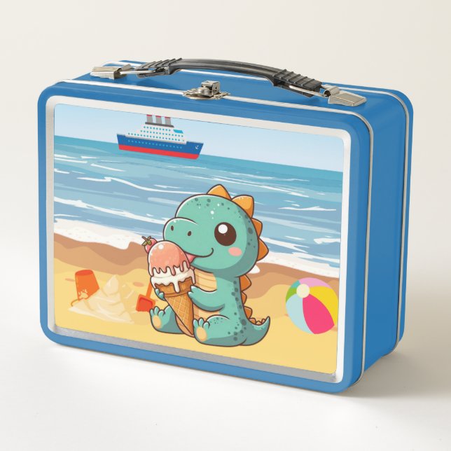 Cute ice cream eating dino at the beach metal lunch box (Front)