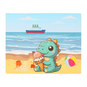Cute ice cream eating dino at the beach metal print