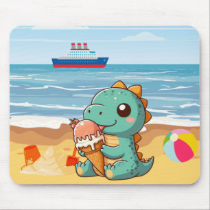 Cute ice cream eating dino at the beach mouse pad