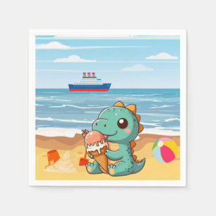 Cute ice cream eating dino at the beach napkins