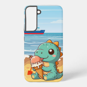 Cute ice cream eating dino at the beach samsung galaxy s22+ case