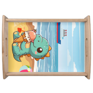 Cute ice cream eating dino at the beach serving tray