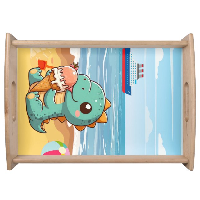 Cute ice cream eating dino at the beach serving tray (Front)