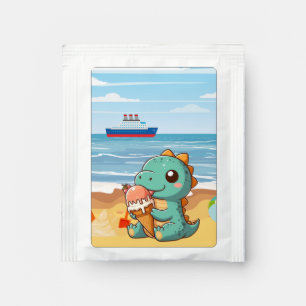 Cute ice cream eating dino at the beach tea bag drink mix