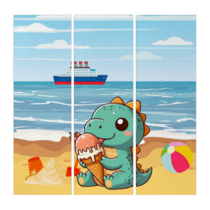 Cute ice cream eating dino at the beach triptych