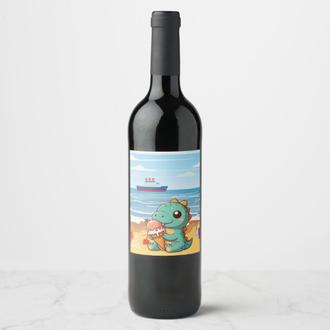 Cute ice cream eating dino at the beach wine label (Front)