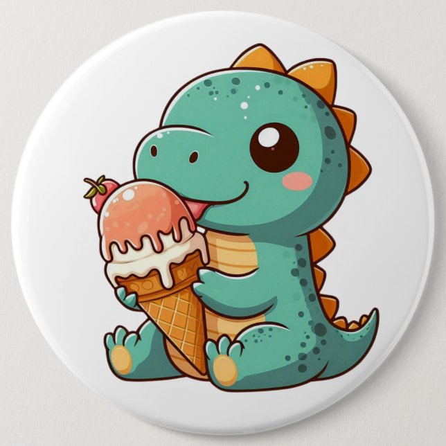 Cute ice cream eating dino button (Front)