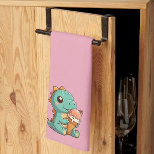 Cute ice cream eating dino kitchen towel