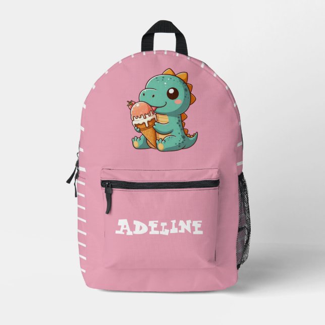 Cute ice cream eating dino  printed backpack (Front)