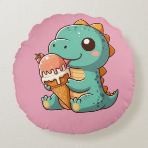 Cute ice cream eating dino round pillow