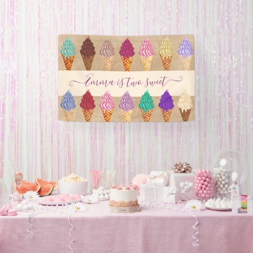    Cute Ice Cream Party Baby Girl 2 Years Birthday Banner