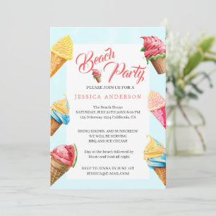 Cute Ice Cream Summer Beach Party Invitation