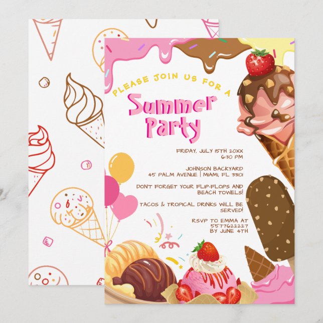 Cute ice cream summer party invitation (Front/Back)