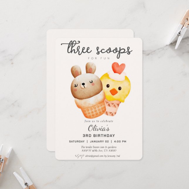 Cute ice cream third birthday  invitation (Front/Back In Situ)