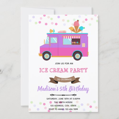 Cute ice cream truck birthday invitation