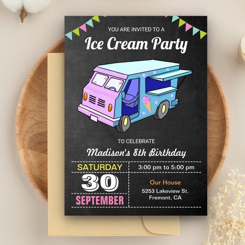 Cute Ice Cream Truck Birthday Party Invitation