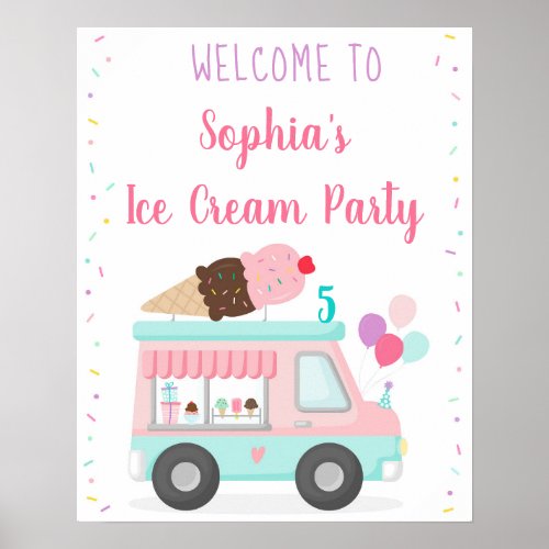Cute Ice Cream Truck Birthday Welcome Poster