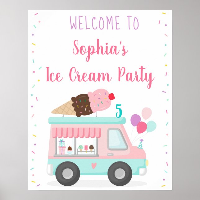 Cute Ice Cream Truck Birthday Welcome Poster (Front)