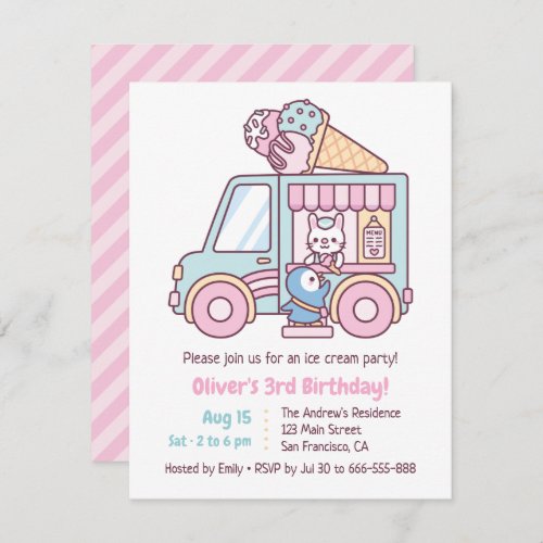 Cute Ice Cream Truck Kids Birthday Party Invitation