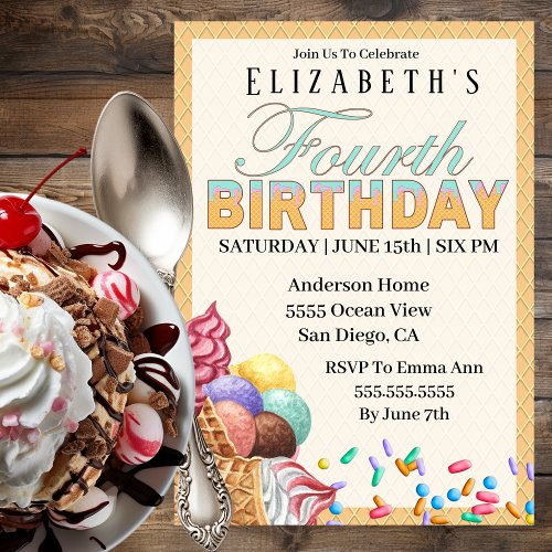 Cute Ice Cream With Sprinkles 4th Birthday Invitation